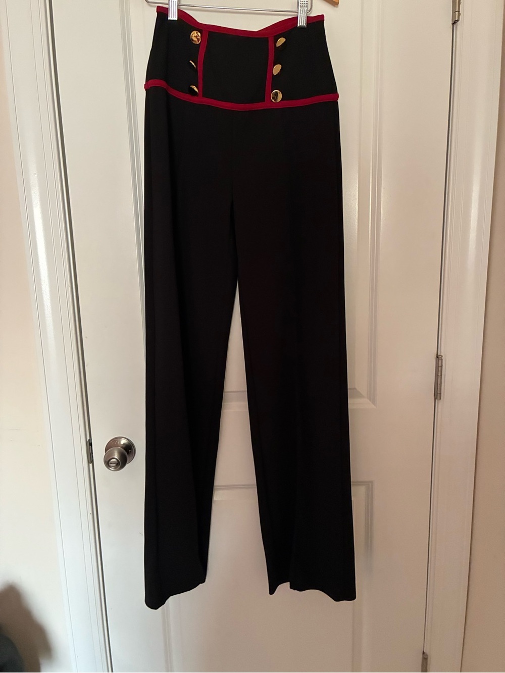 High-Rise Black Wide-Leg Pants with Red Trim and Gold Buttons
